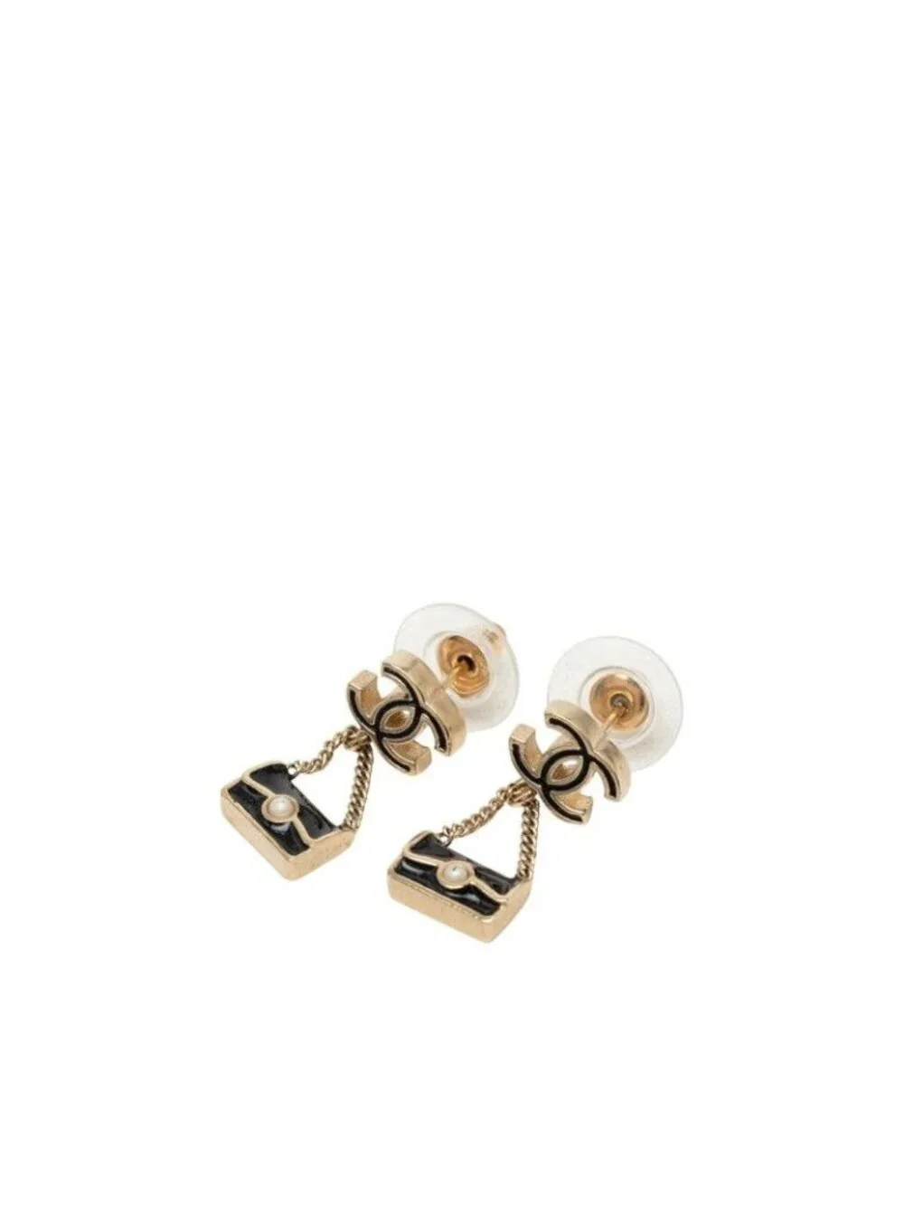 Chanel CC Logo Bag Motif Earrings Gold Black Plated